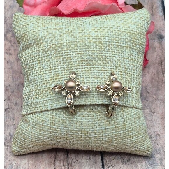 Lot 3 Minimalist Clip On Earrings Pearl Amber Crystal Gold Tone Vintage Signed - Picture 8 of 12